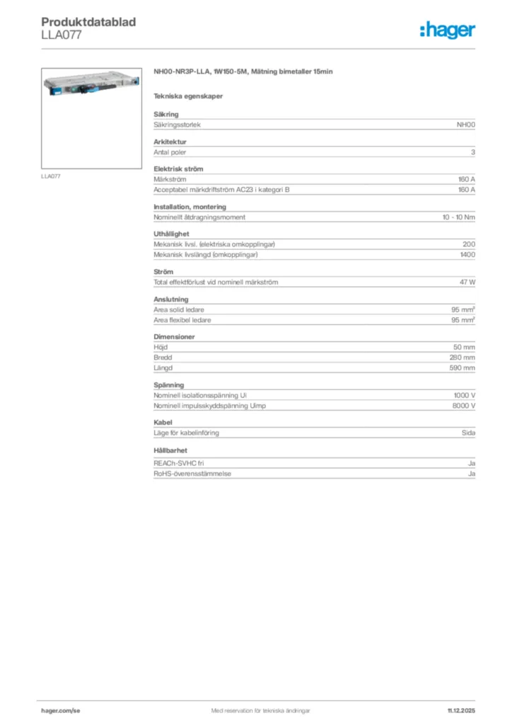 Bild Hager Produktdatablad LLA077 | Hager Sverige