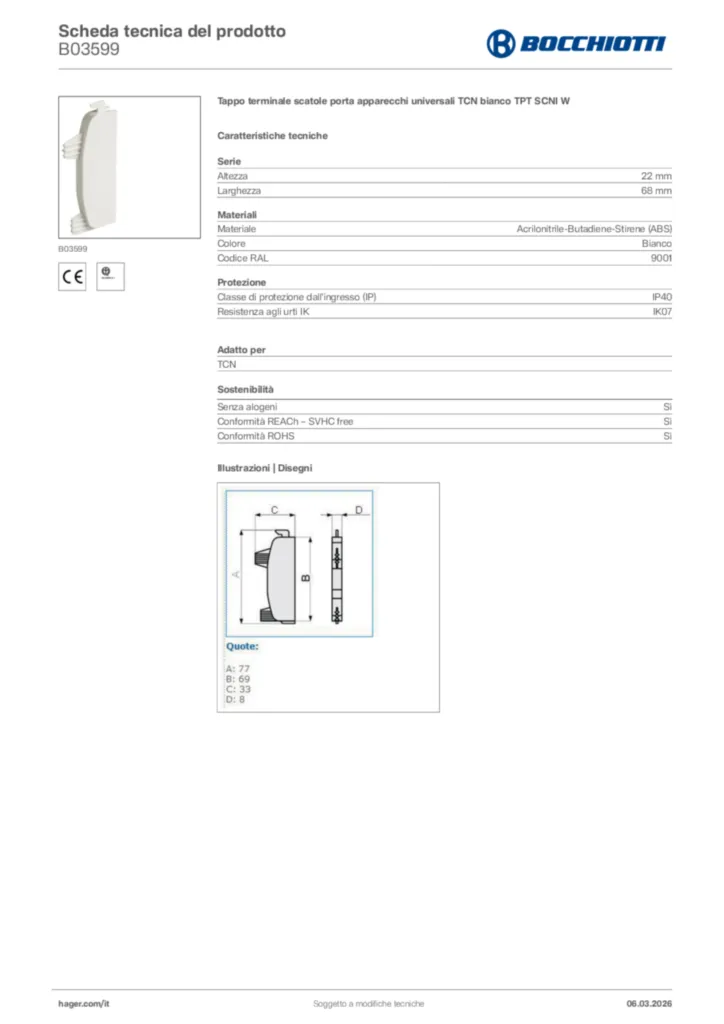 Immagine Bocchiotti Scheda tecnica del prodotto B03599 | Hager Italia