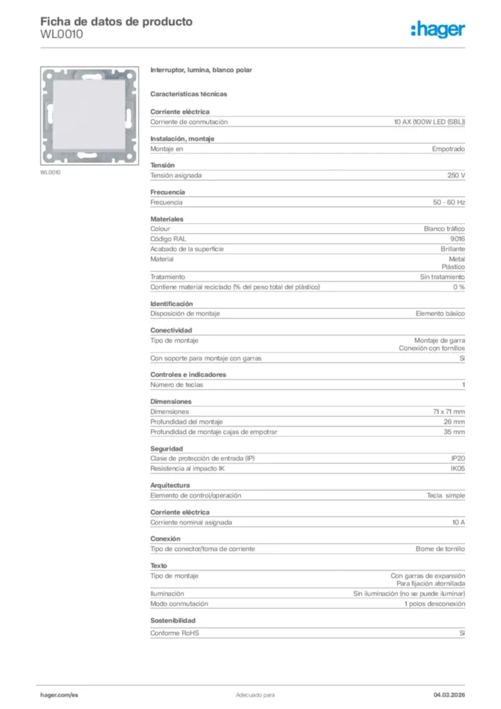 Imagen Hager Ficha de datos de producto WL0010 | Hager España