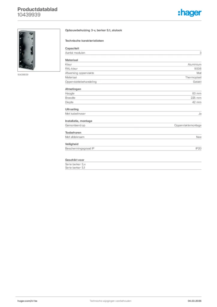 Afbeelding Hager Productdatablad 10439939 | Hager Belgium