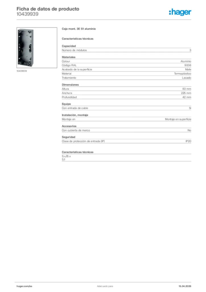 Imagen Hager Ficha de datos de producto 10439939 | Hager España