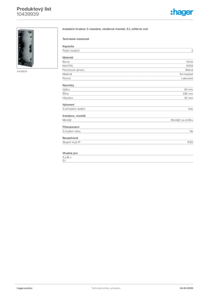 Obrázek Hager Product data sheet 10439939 | Hager