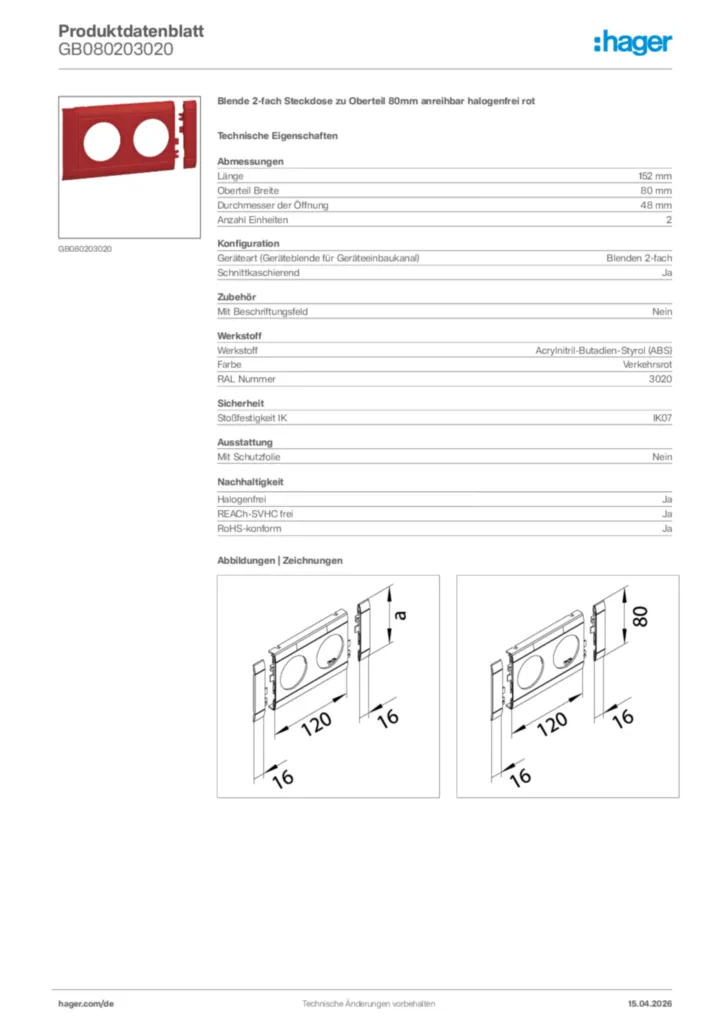 Bild Hager Produktdatenblatt GB080203020 | Hager Deutschland