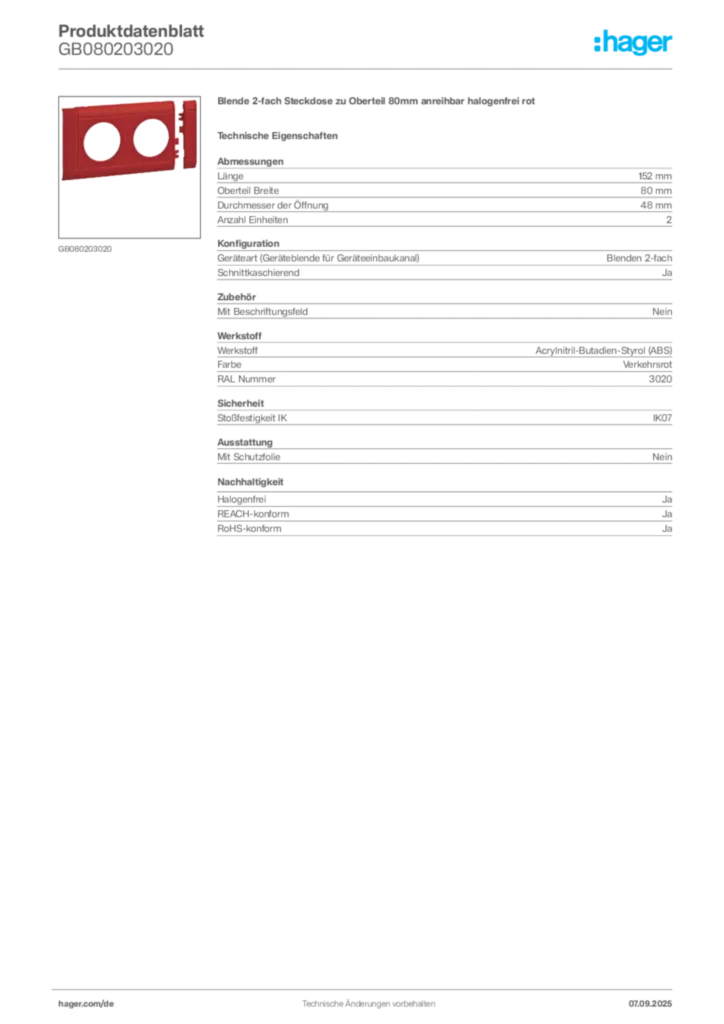 Bild Hager Produktdatenblatt GB080203020 | Hager Deutschland
