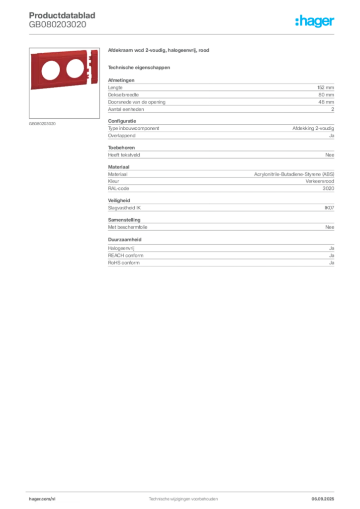Afbeelding Hager Productdatablad GB080203020 | Hager Nederland