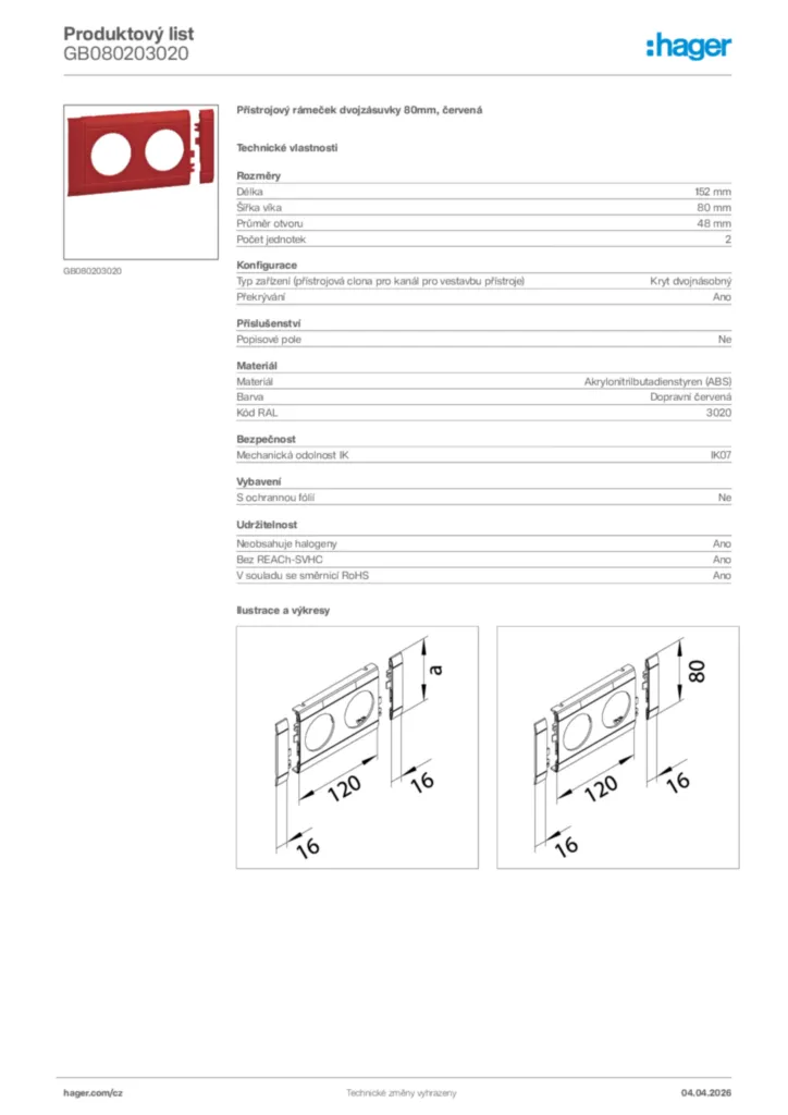 Obrázek Hager Product data sheet GB080203020 | Hager