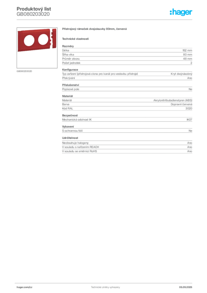 Obrázek Hager Produktový list GB080203020 | Hager