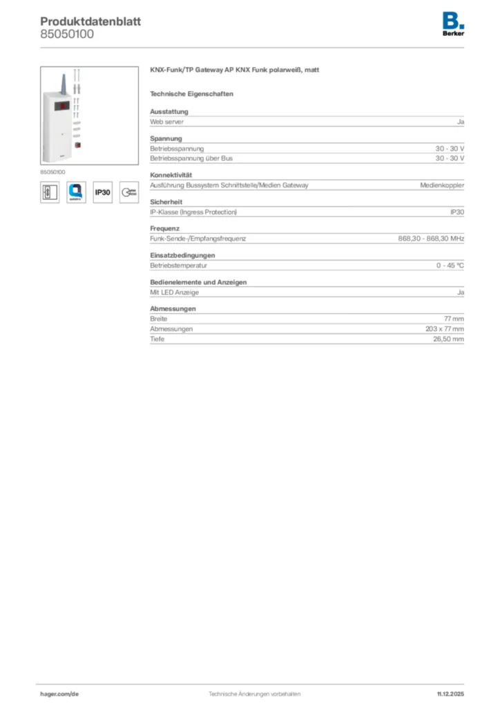 Bild Berker Produktdatenblatt 85050100 | Hager Deutschland
