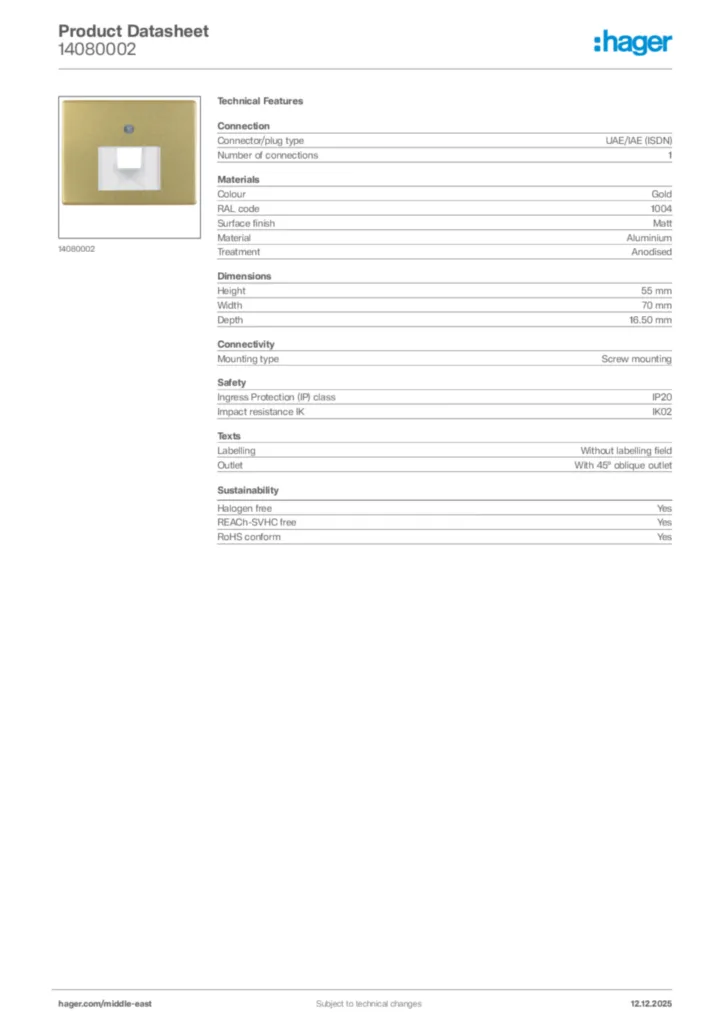 Image Hager Product data sheet 14080002  | Hager