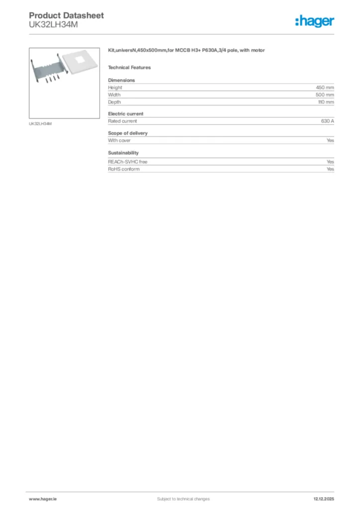 Image Hager Product data sheet UK32LH34M  | Hager