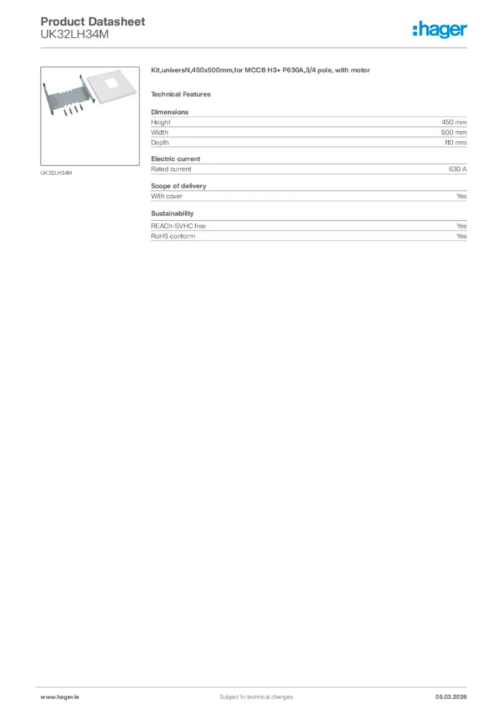 Image Hager Product data sheet UK32LH34M  | Hager