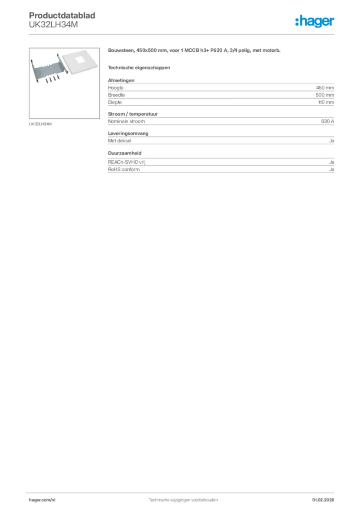 Afbeelding Hager Productdatablad UK32LH34M | Hager Nederland