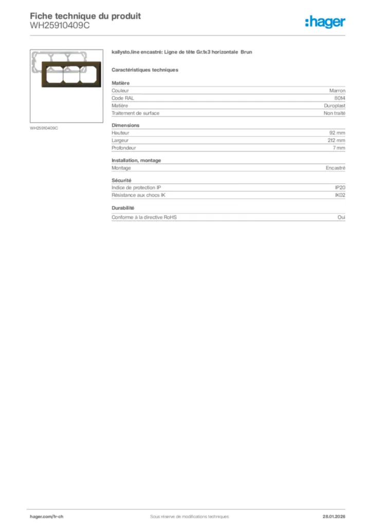 Image Hager Fiche technique du produit WH25910409C | Hager Suisse