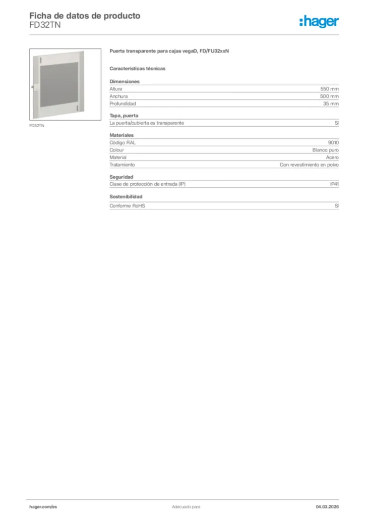 Imagen Hager Ficha de datos de producto FD32TN | Hager España