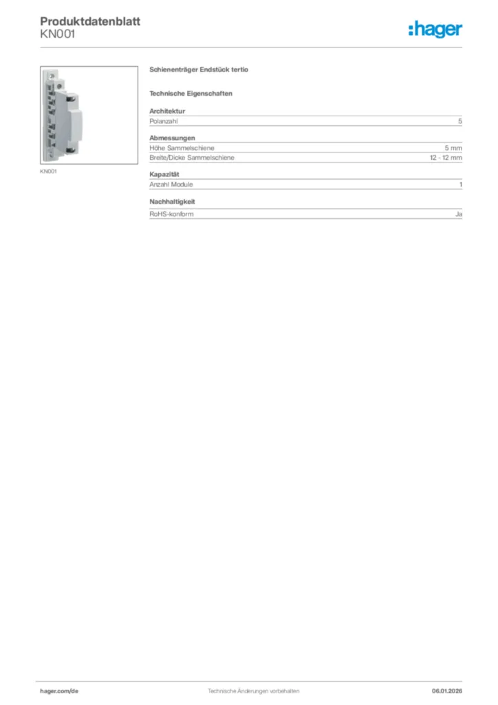 Bild Hager Produktdatenblatt KN001 | Hager Deutschland