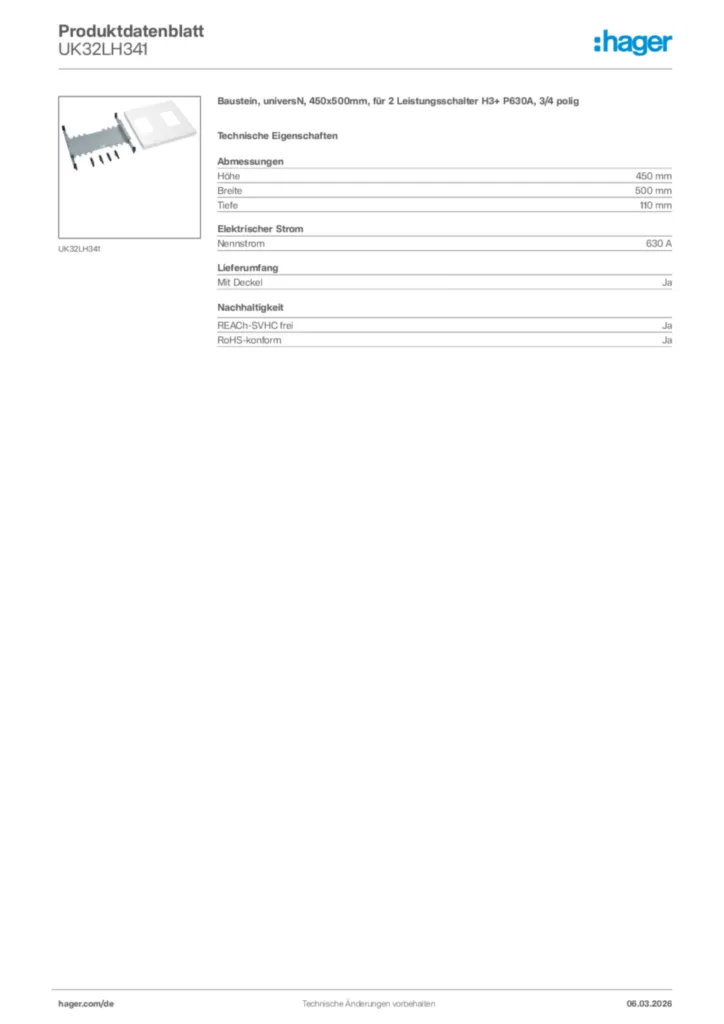 Bild Hager Produktdatenblatt UK32LH341 | Hager Deutschland