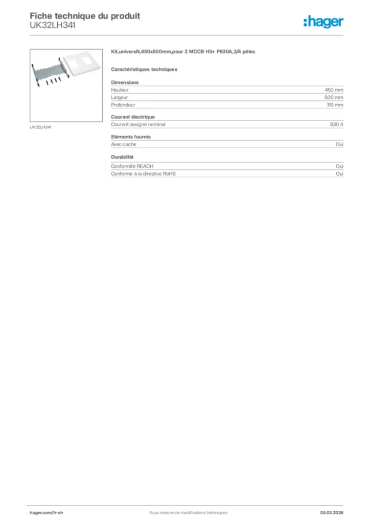 Image Hager Fiche technique du produit UK32LH341 | Hager Suisse