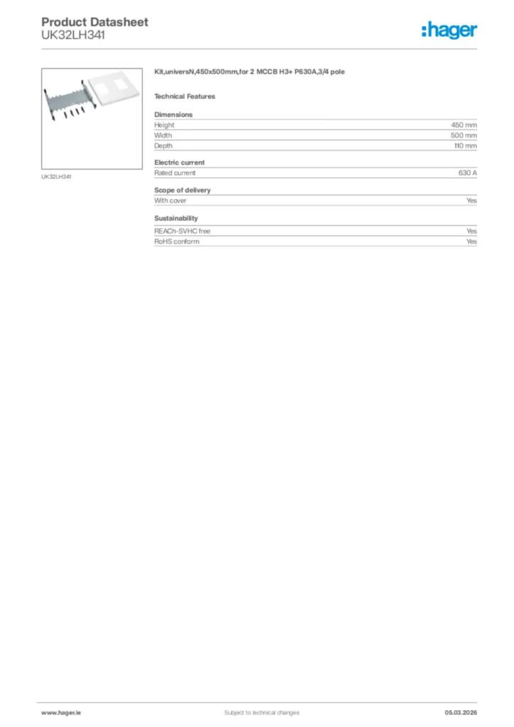 Image Hager Product data sheet UK32LH341  | Hager