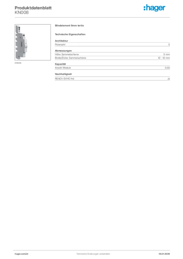 Bild Hager Produktdatenblatt KN008 | Hager Deutschland