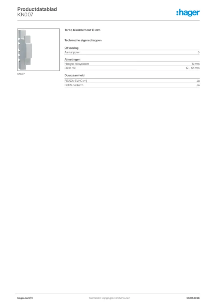 Afbeelding Hager Productdatablad KN007 | Hager Nederland