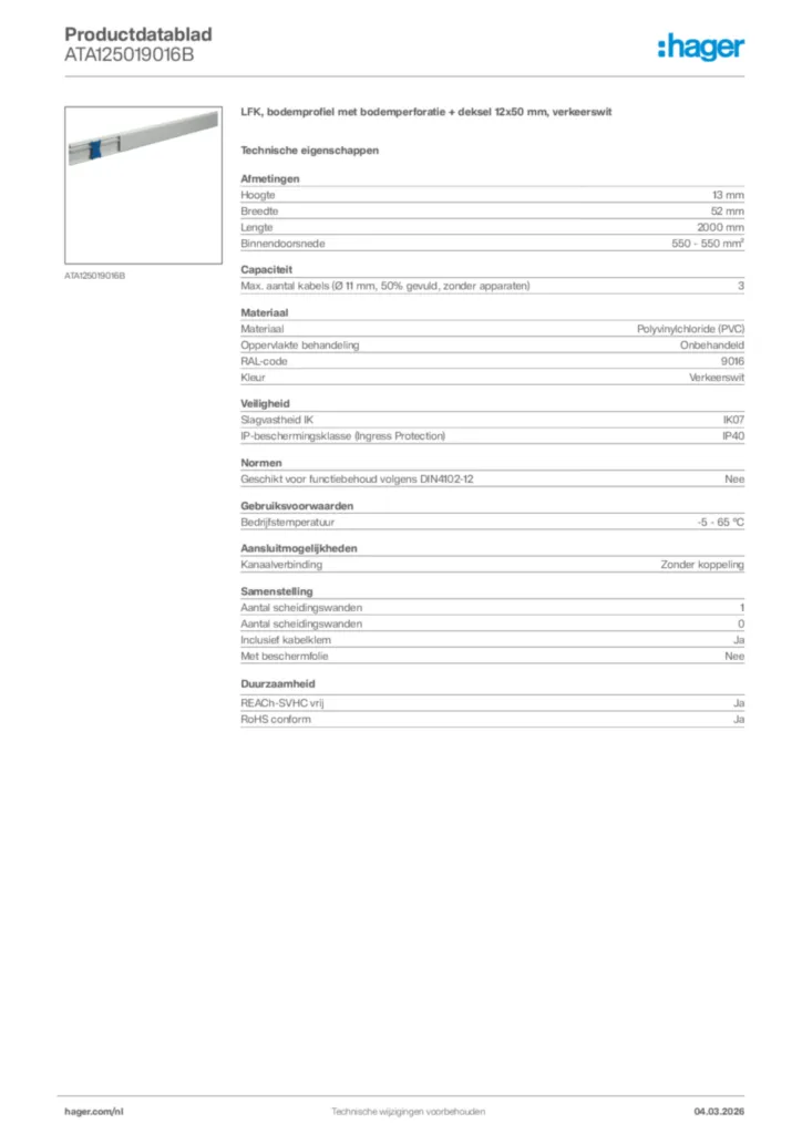 Afbeelding Hager Productdatablad ATA125019016B | Hager Nederland