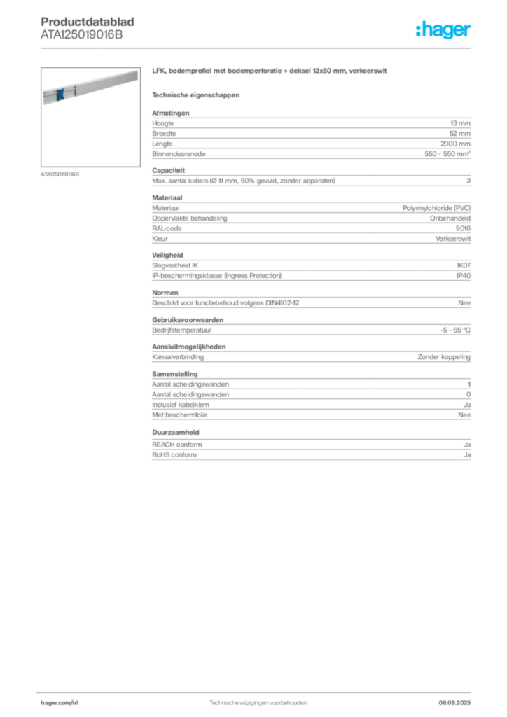 Afbeelding Hager Productdatablad ATA125019016B | Hager Nederland