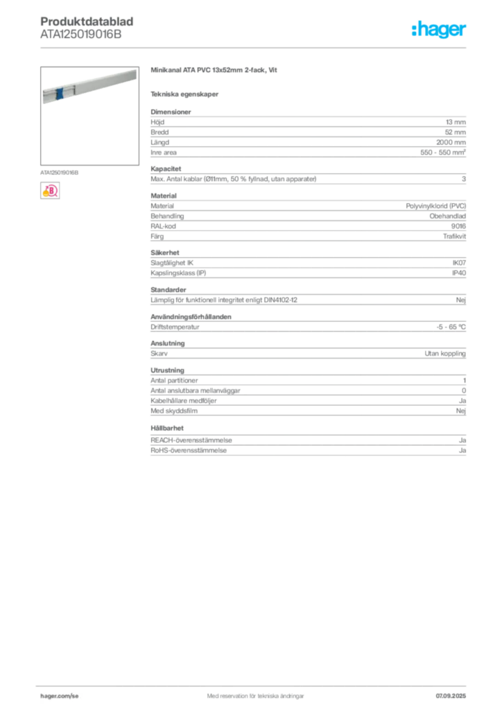 Bild Hager Produktdatablad ATA125019016B | Hager Sverige