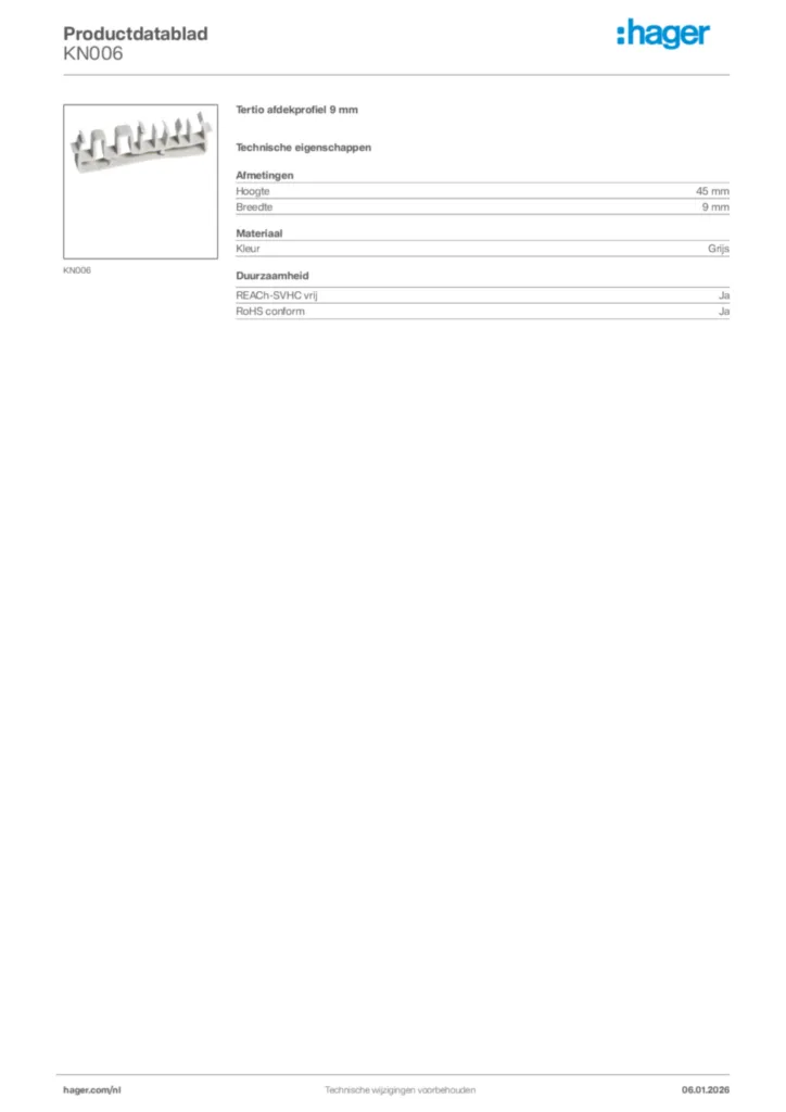 Afbeelding Hager Productdatablad KN006 | Hager Nederland