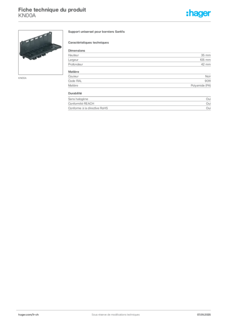 Image Hager Fiche technique du produit KN00A | Hager Suisse