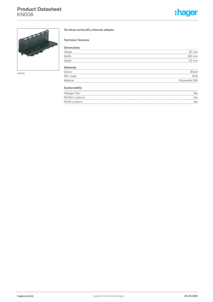 Image Hager Product data sheet KN00A  | Hager