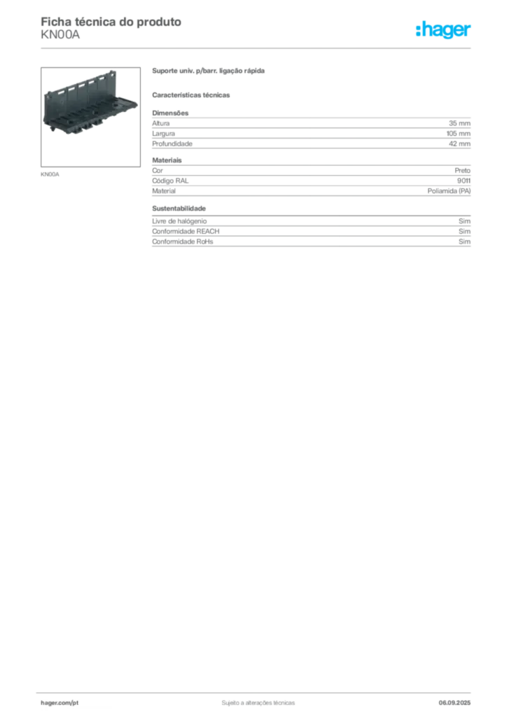 Imagem Hager Ficha técnica do produto KN00A | Hager Portugal