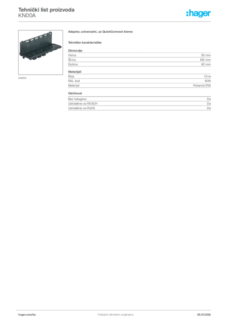 Slika Hager Product data sheet KN00A  | Hager