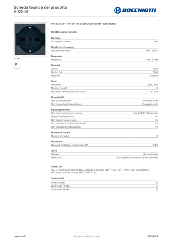 Immagine Bocchiotti Scheda tecnica del prodotto B02859 | Hager Italia
