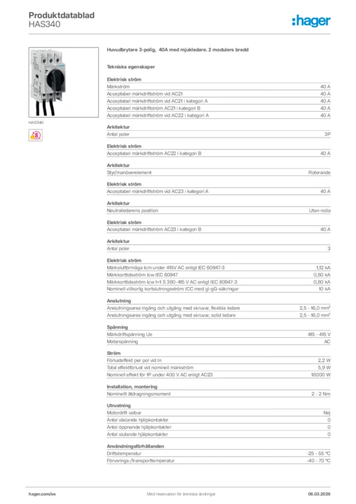 Bild Hager Produktdatablad HAS340 | Hager Sverige