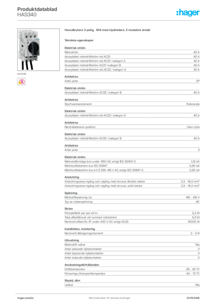 Bild Hager Produktdatablad HAS340 | Hager Sverige