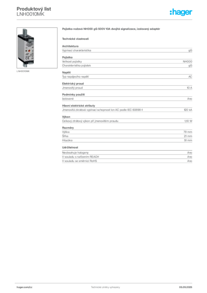 Obrázek Hager Produktový list LNH0010MK | Hager