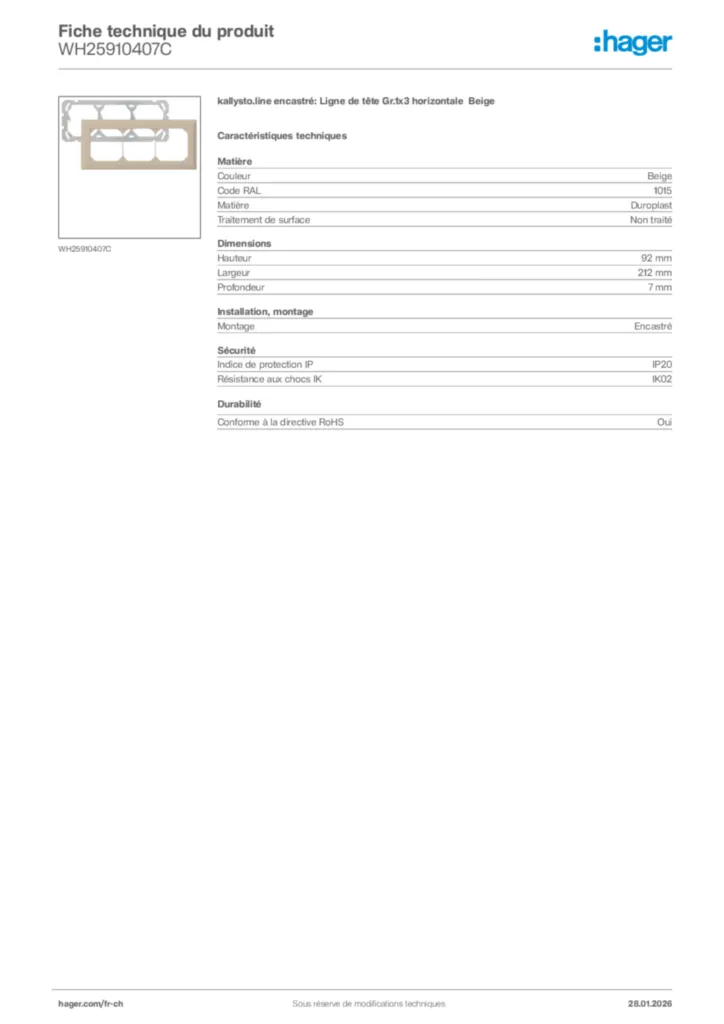 Image Hager Fiche technique du produit WH25910407C | Hager Suisse