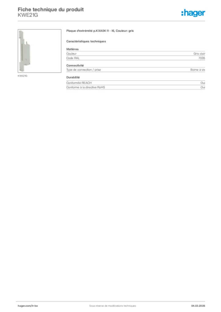 Image Hager Fiche technique du produit KWE21G | Hager Belgique