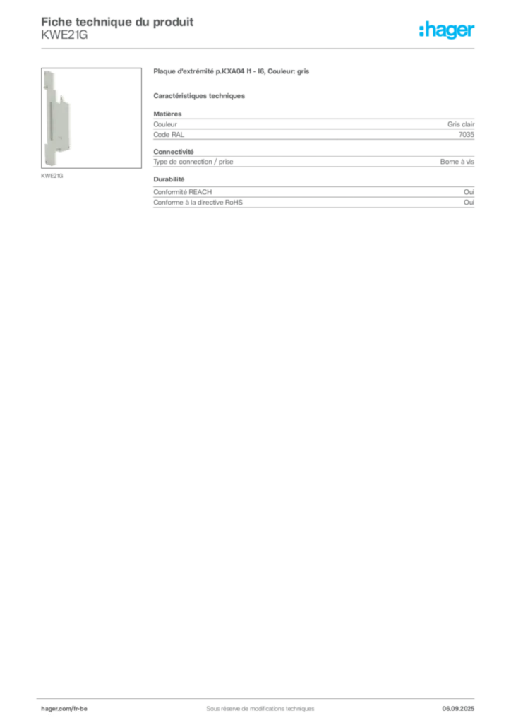 Image Hager Fiche technique du produit KWE21G | Hager Belgique
