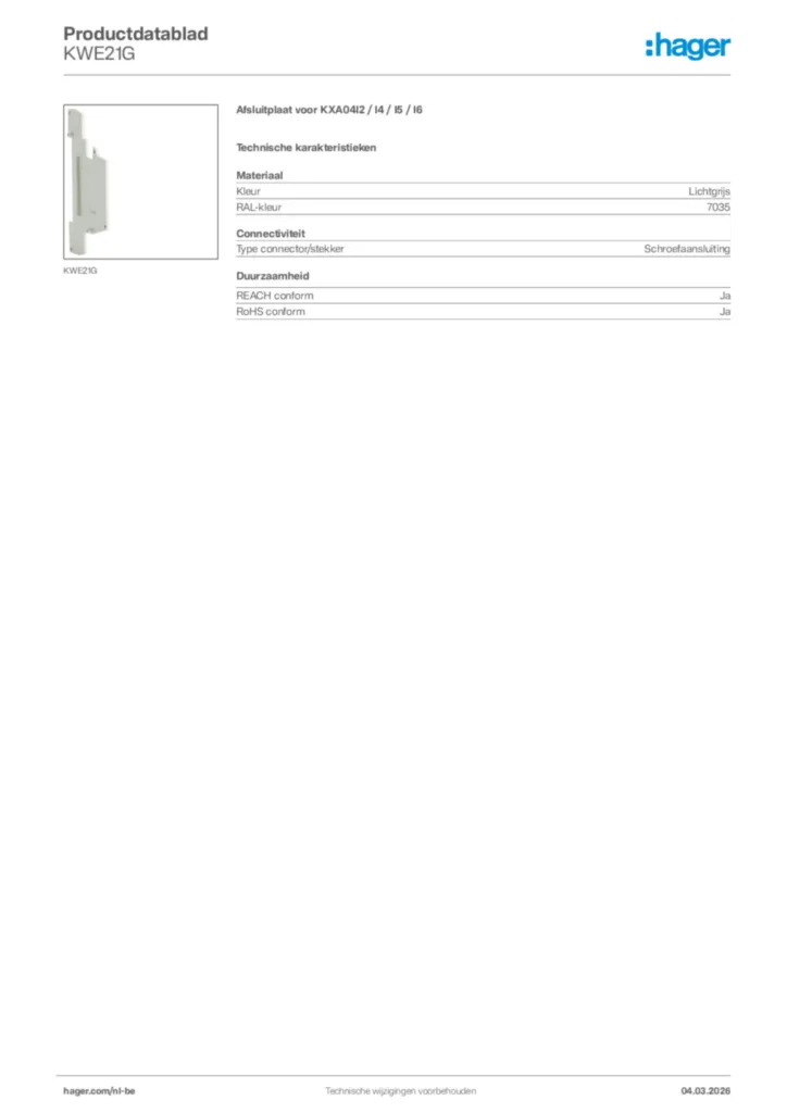 Afbeelding Hager Productdatablad KWE21G | Hager Belgium