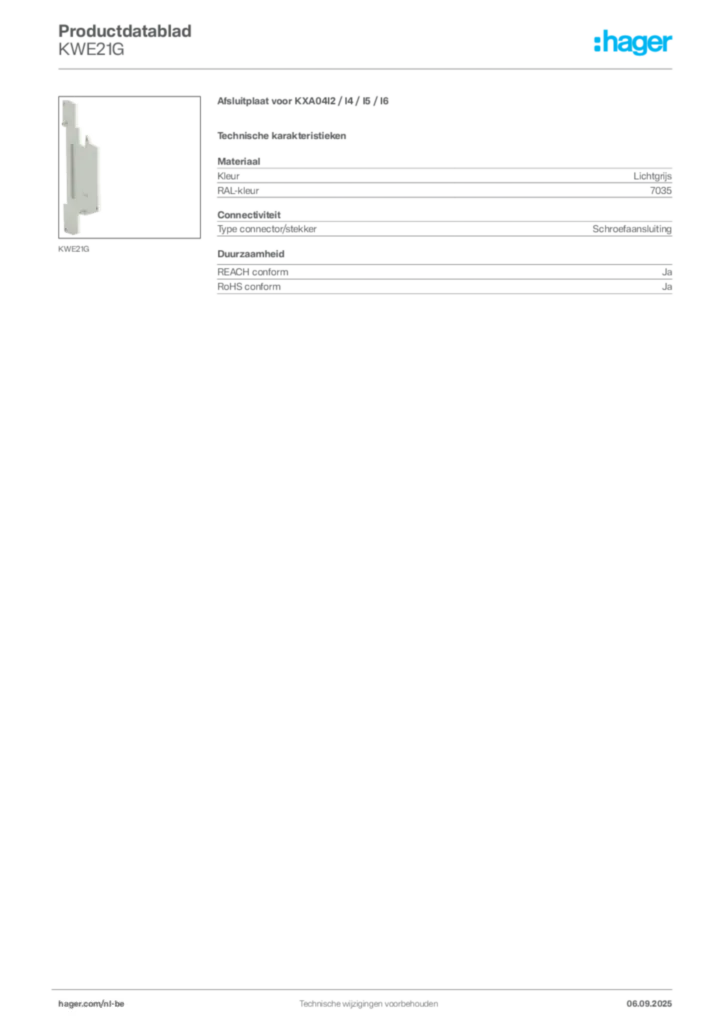Afbeelding Hager Productdatablad KWE21G | Hager Belgium