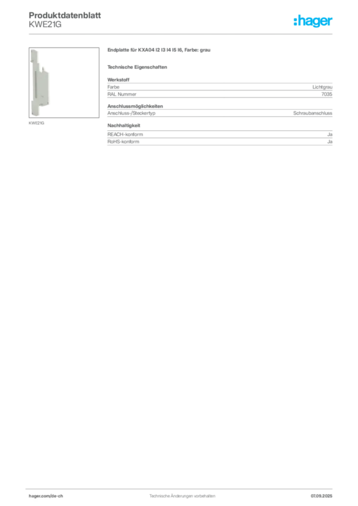 Bild Hager Produktdatenblatt KWE21G | Hager Schweiz
