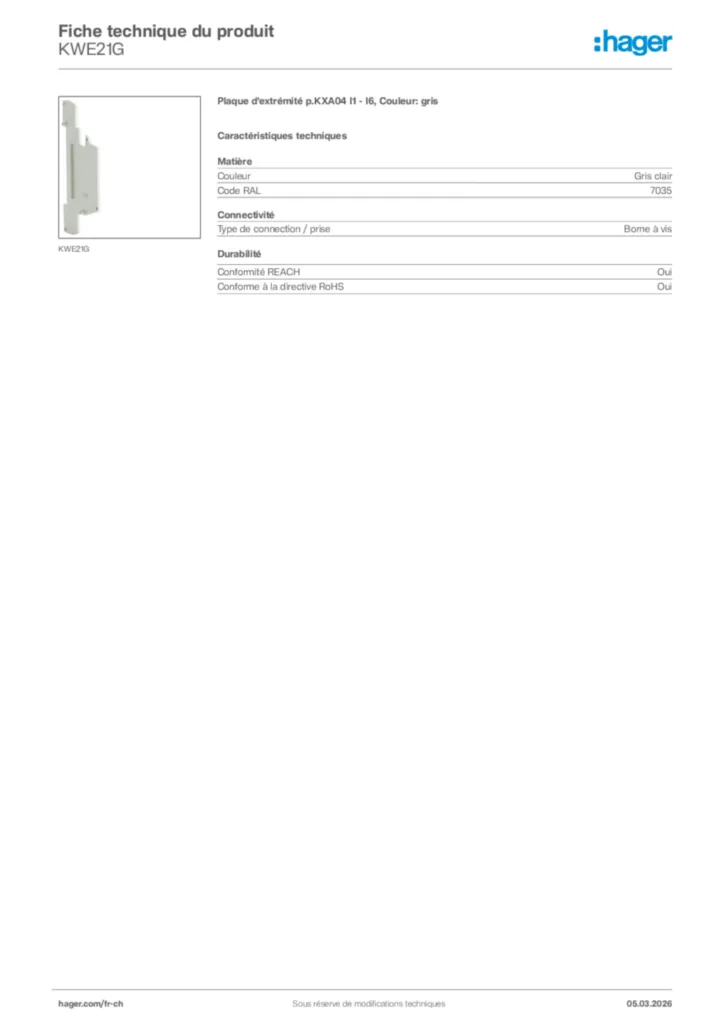 Image Hager Fiche technique du produit KWE21G | Hager Suisse