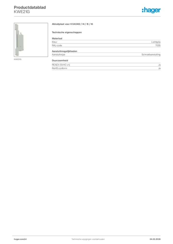 Afbeelding Hager Productdatablad KWE21G | Hager Nederland