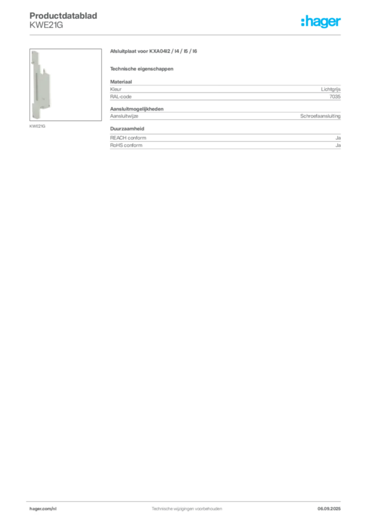 Afbeelding Hager Productdatablad KWE21G | Hager Nederland