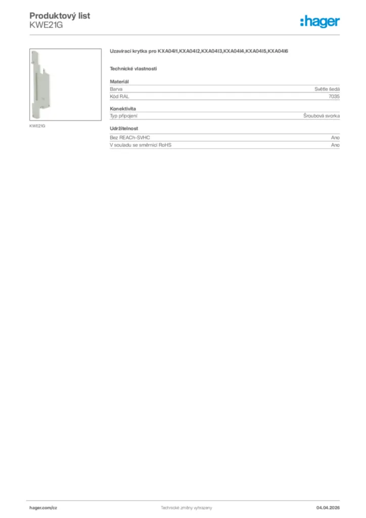 Obrázek Hager Product data sheet KWE21G | Hager