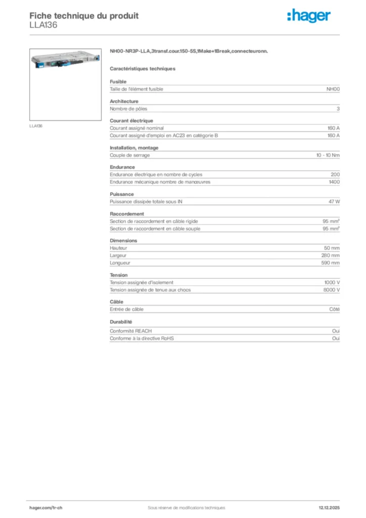 Image Hager Fiche technique du produit LLA136 | Hager Suisse