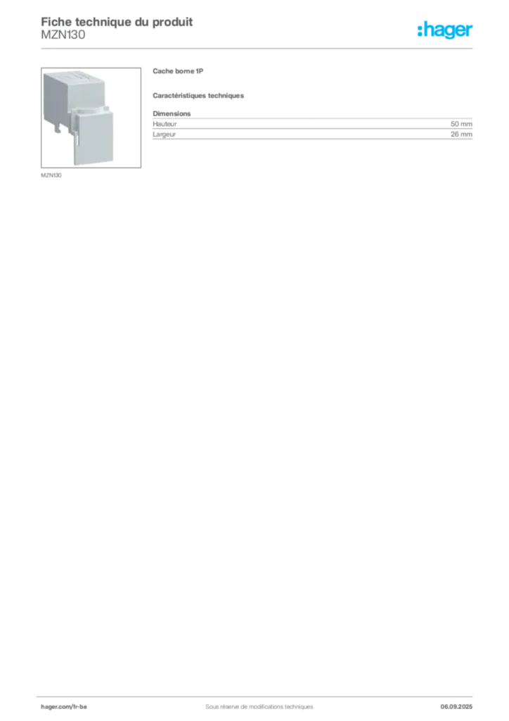 Image Hager Fiche technique du produit MZN130 | Hager Belgique