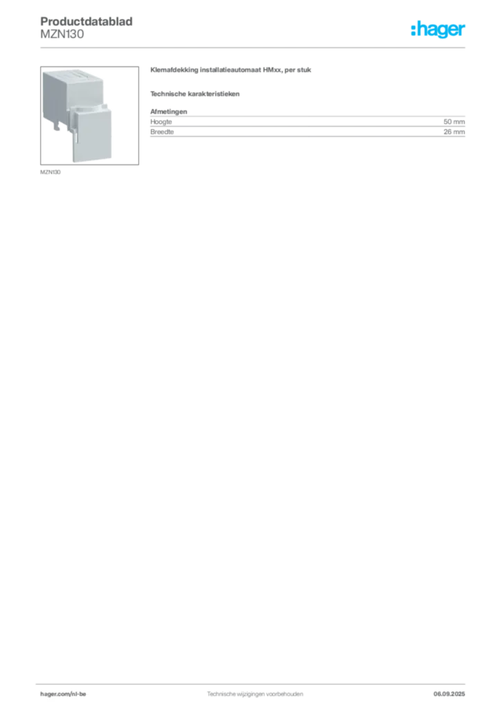 Afbeelding Hager Productdatablad MZN130 | Hager Belgium