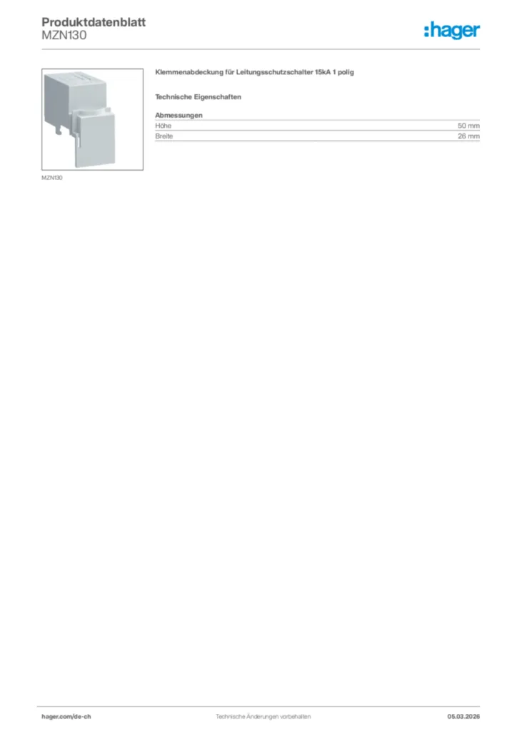 Bild Hager Produktdatenblatt MZN130 | Hager Schweiz